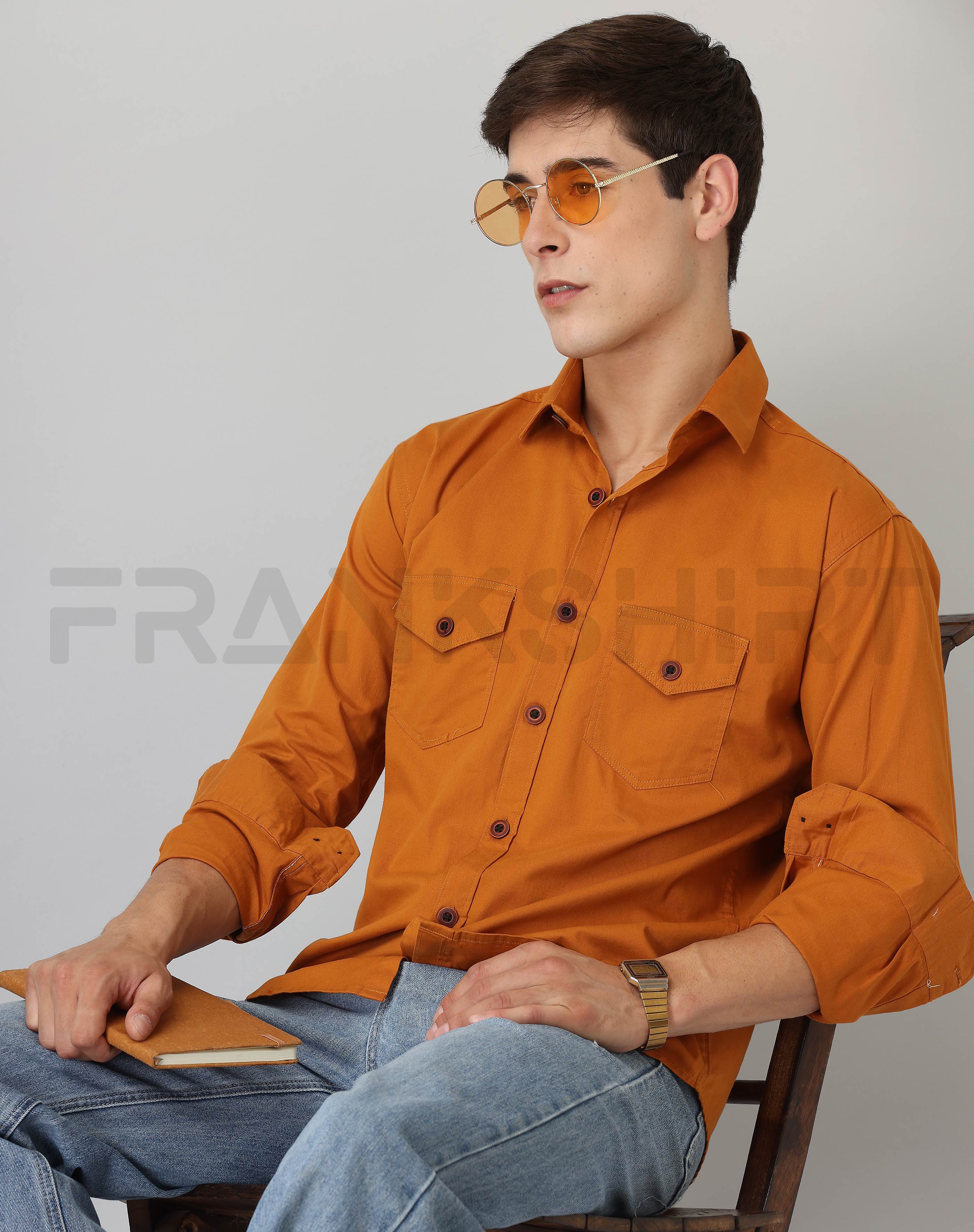 Frankshirt Double Pocket Mustard Solid Tailored Fit Cotton Casual Shirt for Man