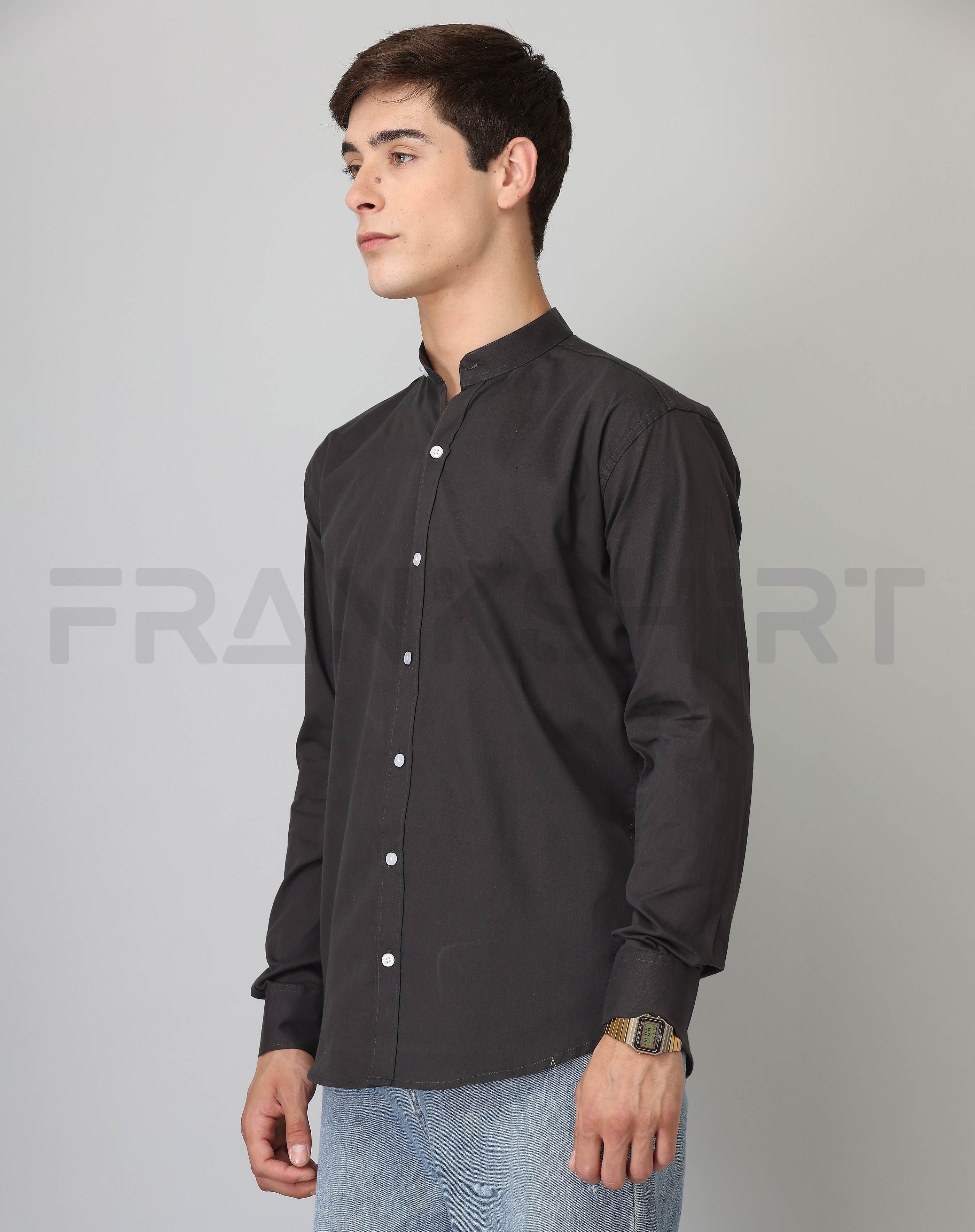Frankshirt Chinese Collar Black Solid Tailored Fit Cotton Casual Shirt for Man