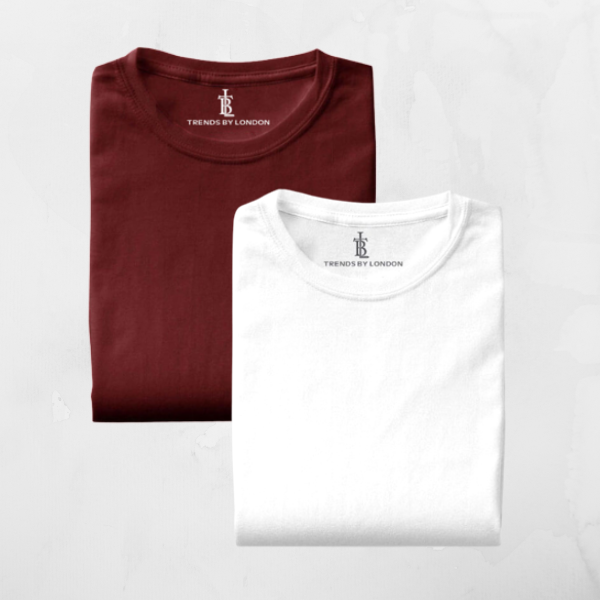 Combo of Half Sleeves 180 GSM T-Shirts for Men Cotton (White and Maroon)