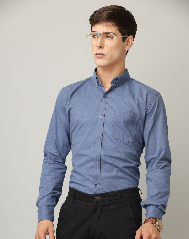 Frankshirt Blue Solid Tailored Fit Cotton Casual Shirt for Man