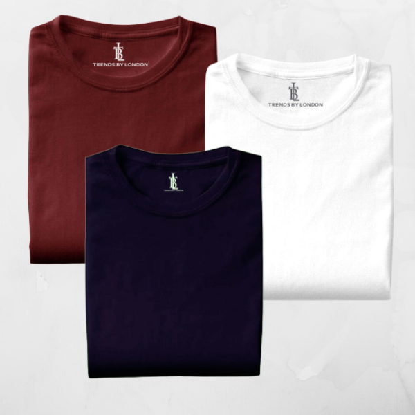 Pack of 3 Half Sleeves T-Shirts for Men 180 GSM (Maroon,White and Navy)