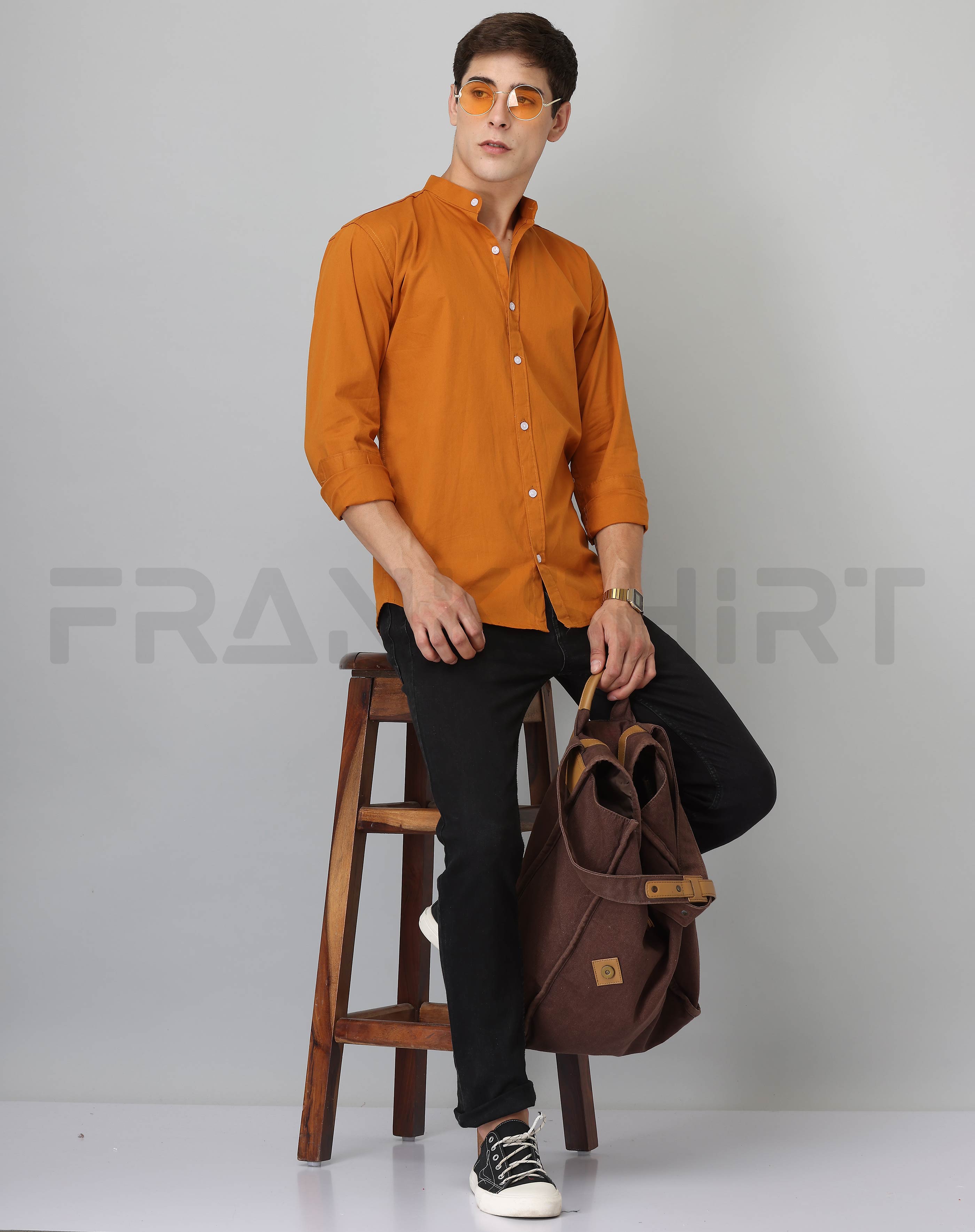 Frankshirt Chinese Collar Mustard Tailored Fit Cotton Casual Shirt for Man