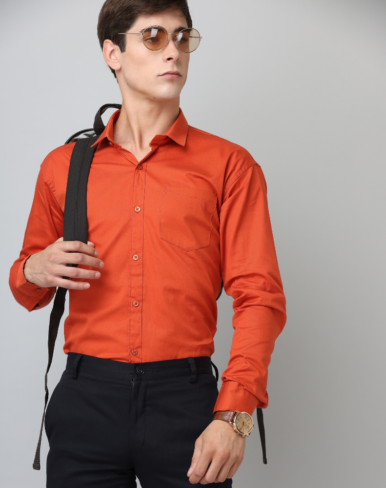 Frankshirt Orange Solid Tailored Fit Cotton Casual Shirt for Man