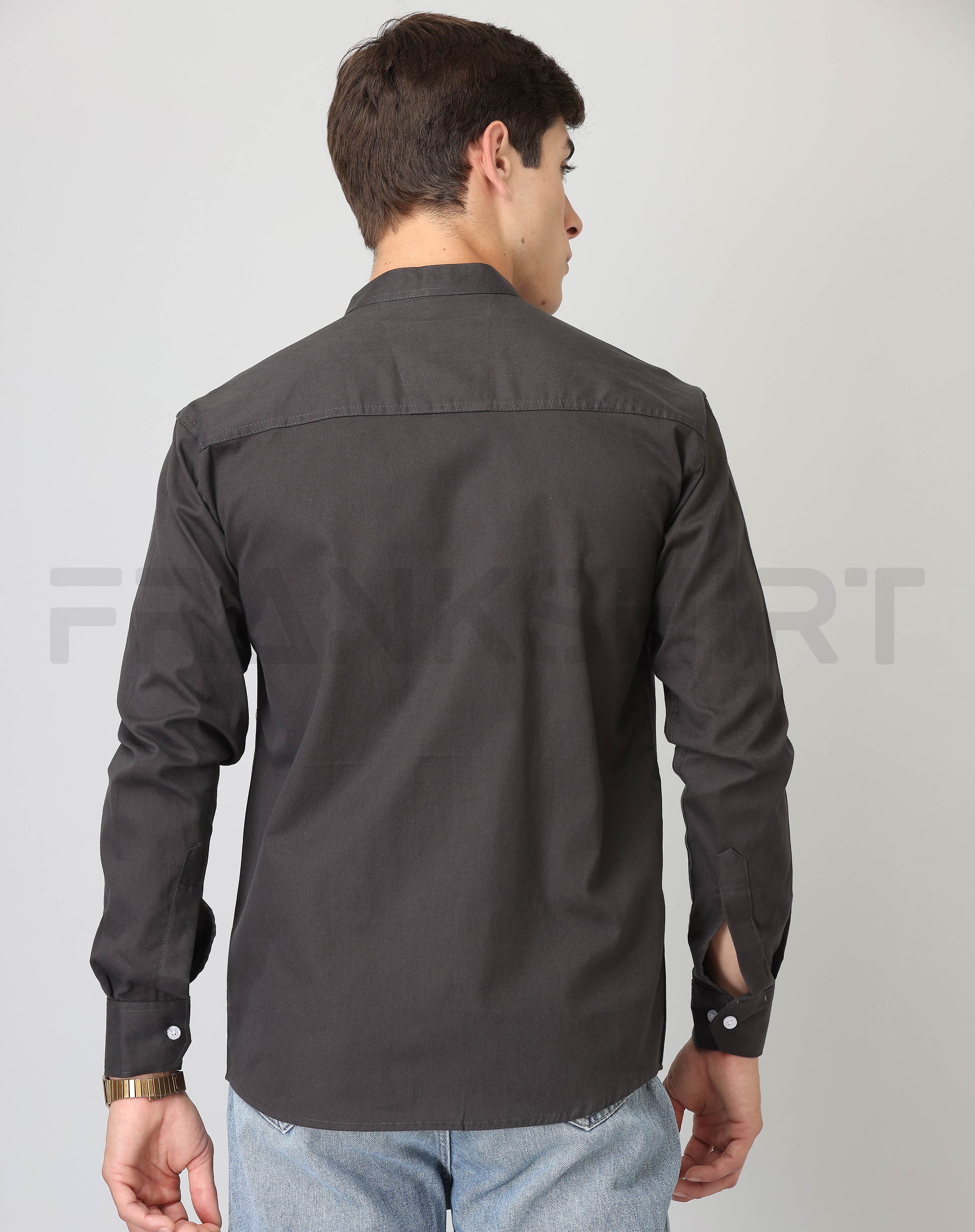 Frankshirt Chinese Collar Black Solid Tailored Fit Cotton Casual Shirt for Man