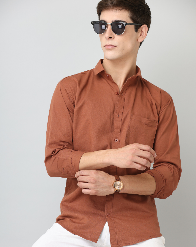 Frankshirt Men Dusty Brown Solid Tailored Fit Cotton Casual Shirt