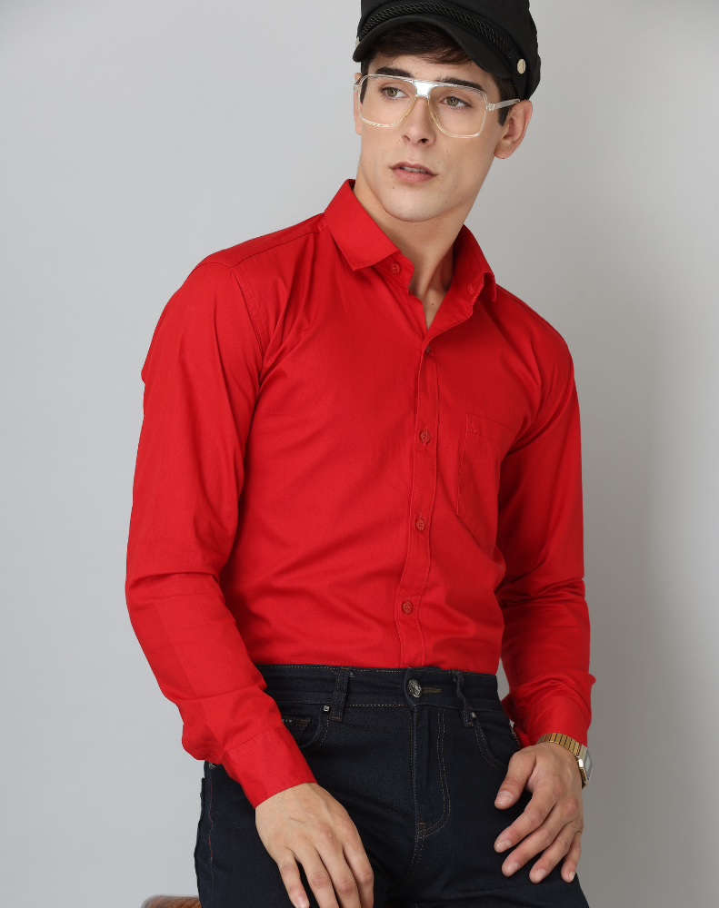 Frankshirt Red Solid Tailored Fit Cotton Casual Shirt for Man