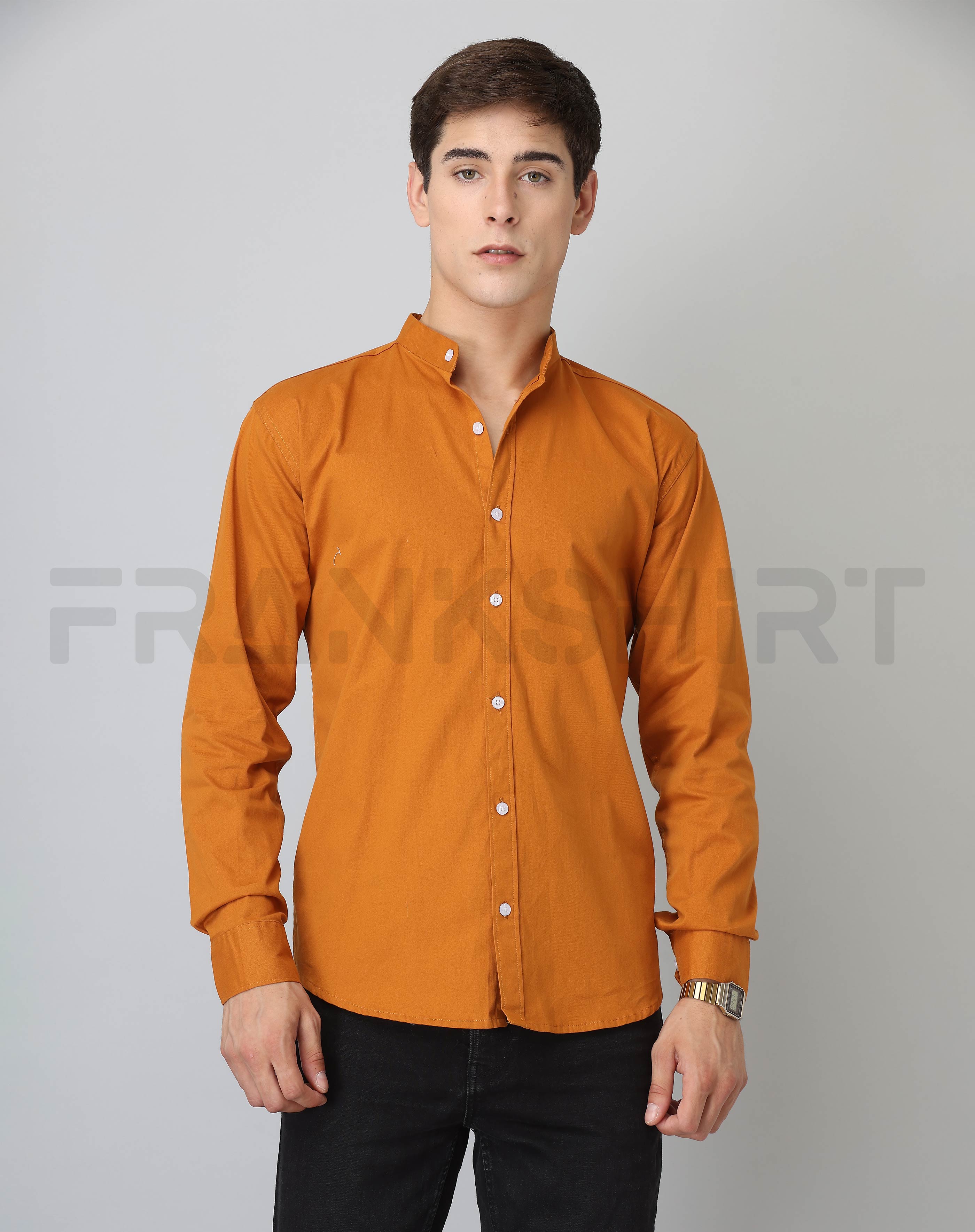 Frankshirt Chinese Collar Mustard Tailored Fit Cotton Casual Shirt for Man