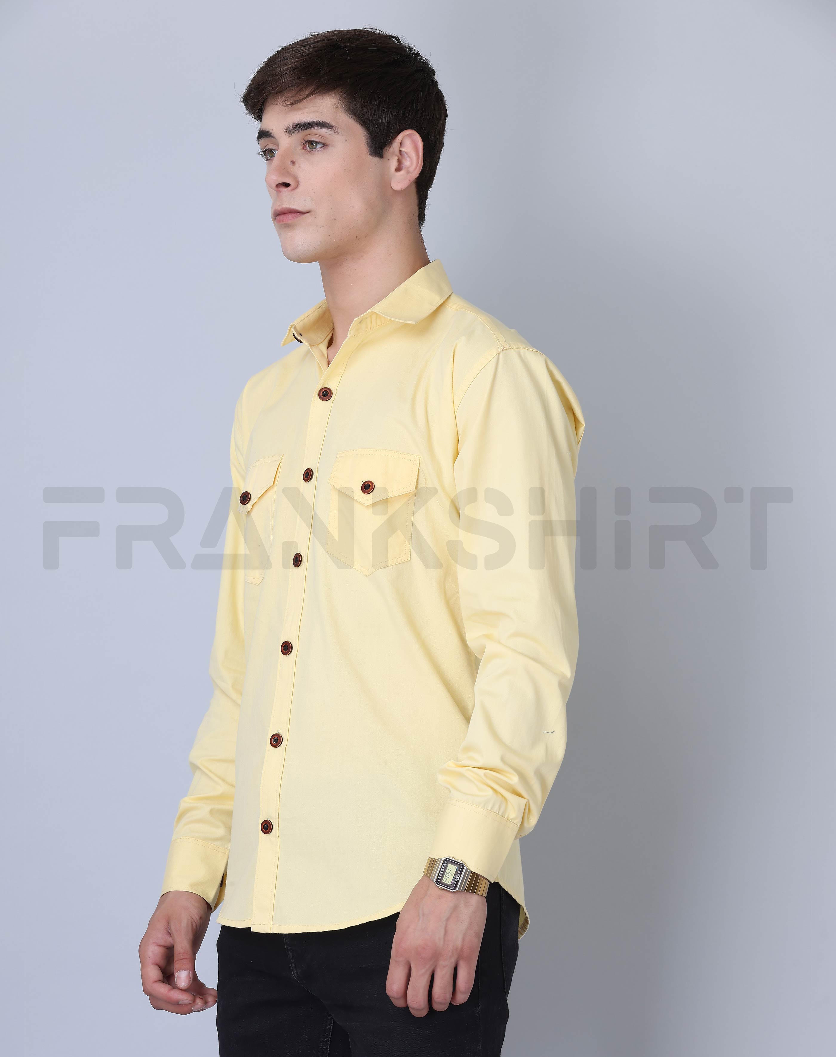 Frankshirt Double Pocket Yellow Solid Tailored Fit Cotton Casual Shirt for Man