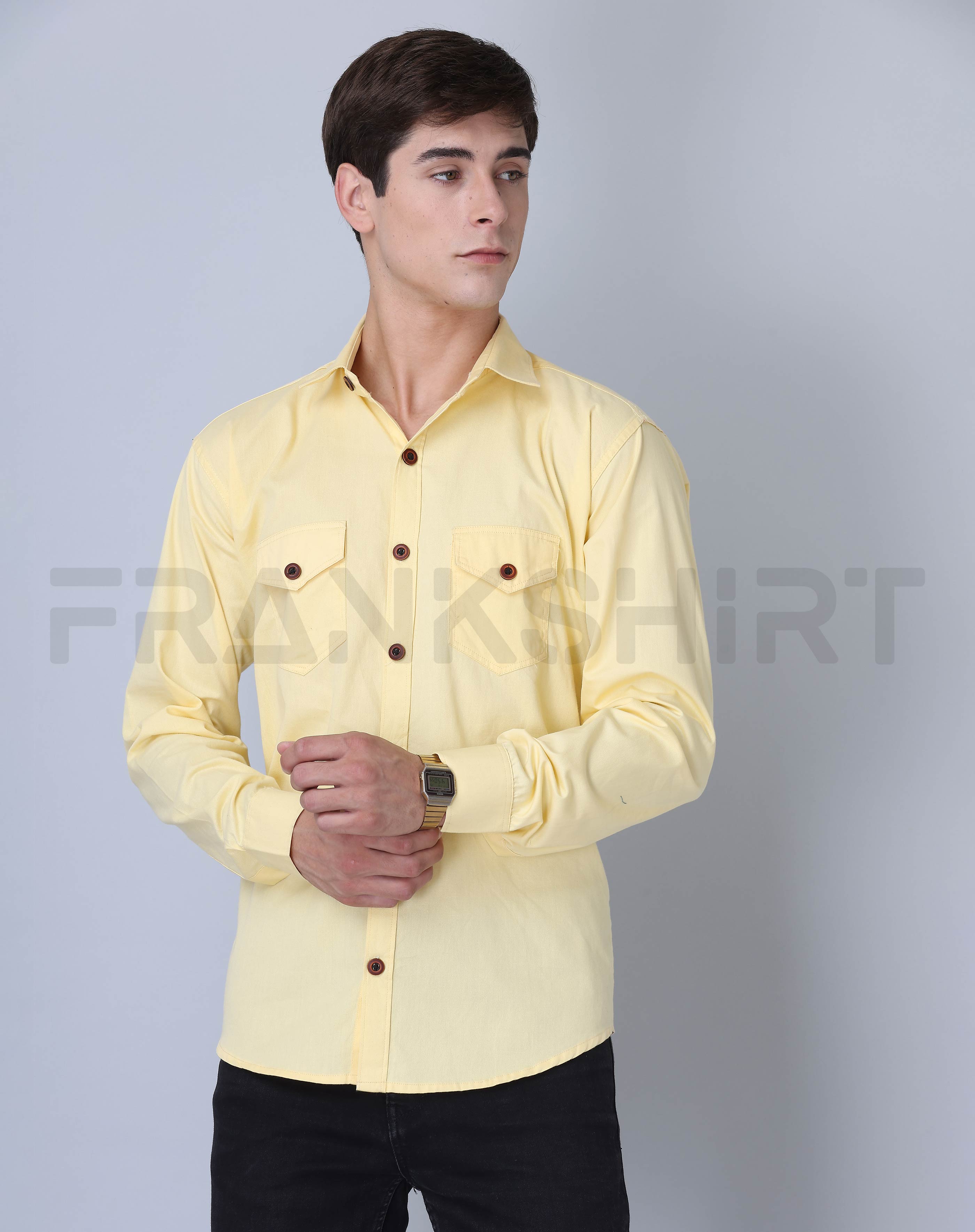Frankshirt Double Pocket Yellow Solid Tailored Fit Cotton Casual Shirt for Man