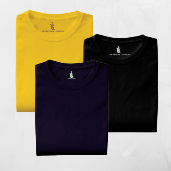 Pack of 3 Half Sleeves T-Shirts for Men 180 GSM (Mustard, Black and Navy Blue)