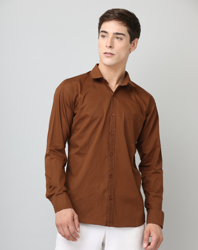 Frankshirt Men Brown Solid Tailored Fit Cotton Casual Shirt - Frankshop.in