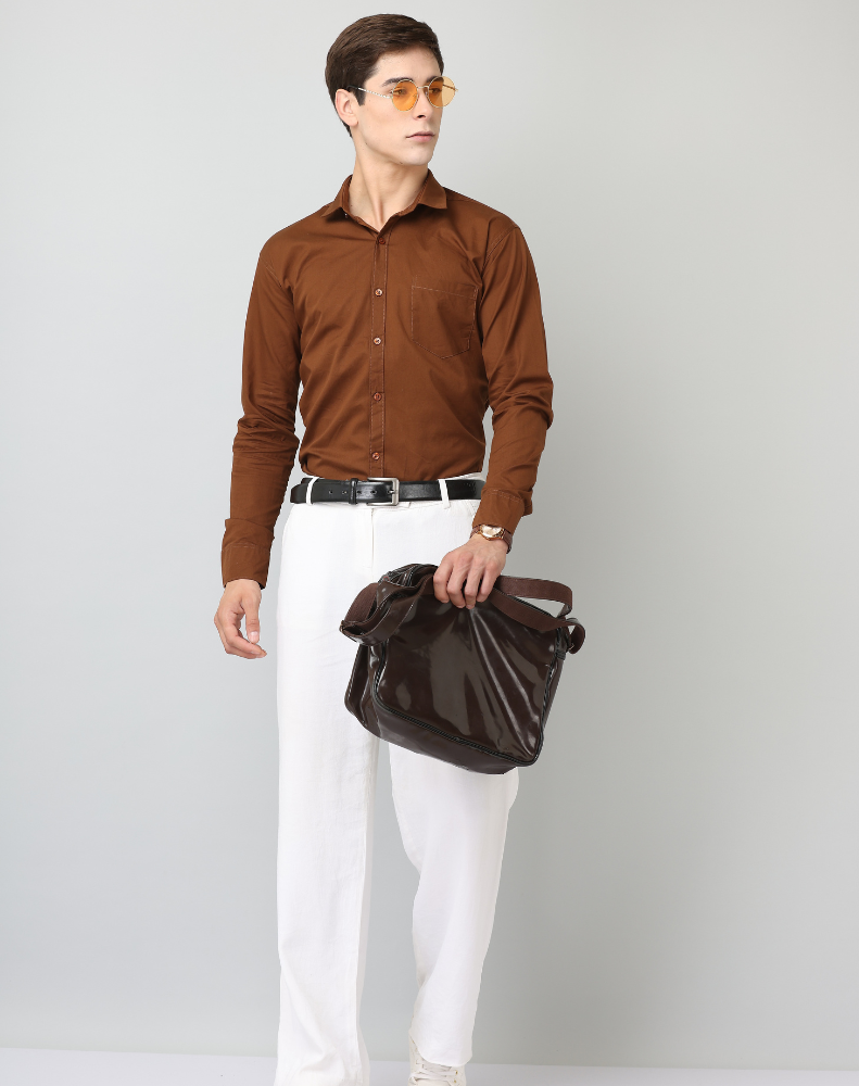 Frankshirt Men Brown Solid Tailored Fit Cotton Casual Shirt - Frankshop.in