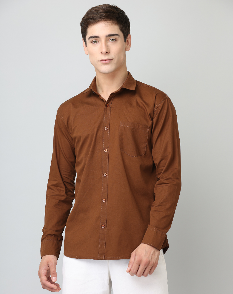 Frankshirt Men Brown Solid Tailored Fit Cotton Casual Shirt - Frankshop.in