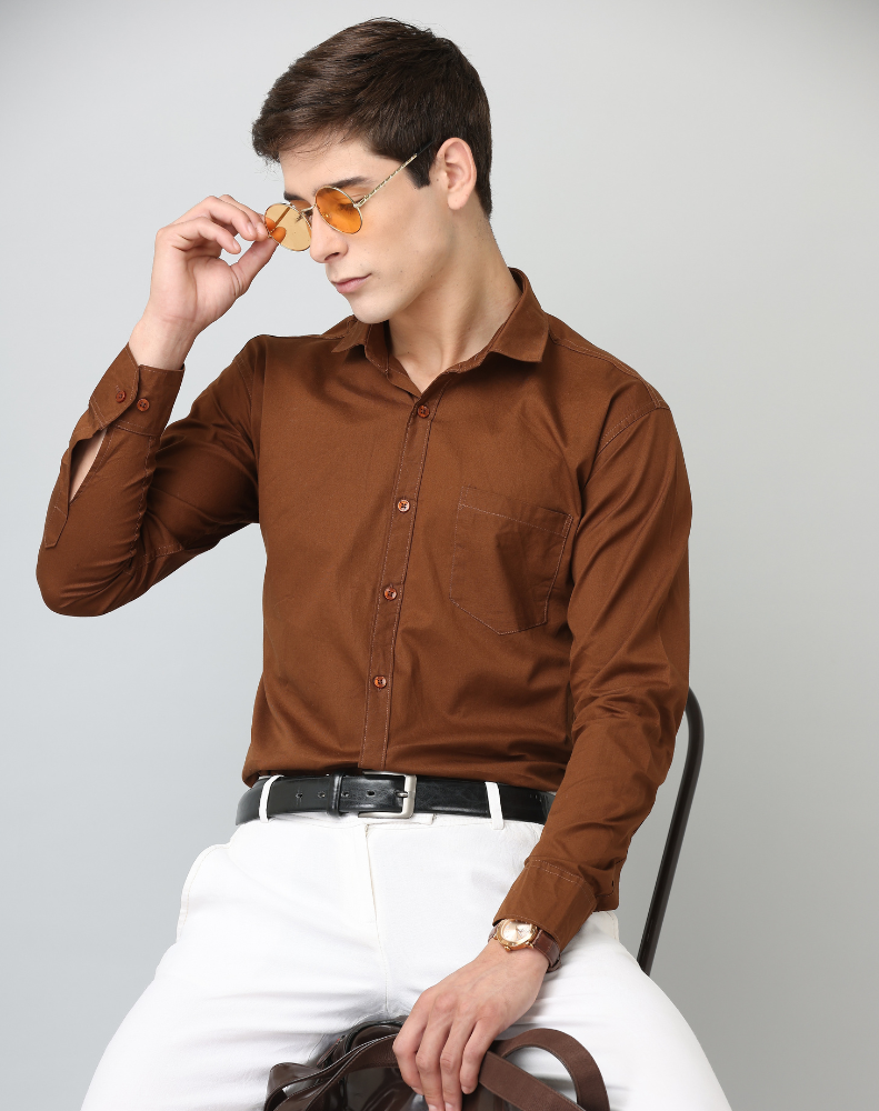 Frankshirt Men Brown Solid Tailored Fit Cotton Casual Shirt